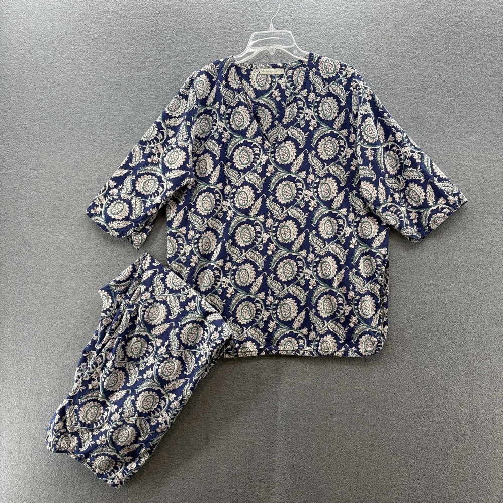 Mahogany Pajama Set Womens Large Blue Floral Cotton Kaftan Boho Lounge Sleepwear